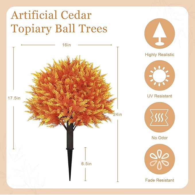 24" Artificial Cedar Topiary Ball Bushes, Set of 2 UV Resistant Fake Trees Outdoor Shrubs with Stake, Weatherproof Faux Plants for Planter, Front Porch, Garden, Yard, Patio Fall Decor