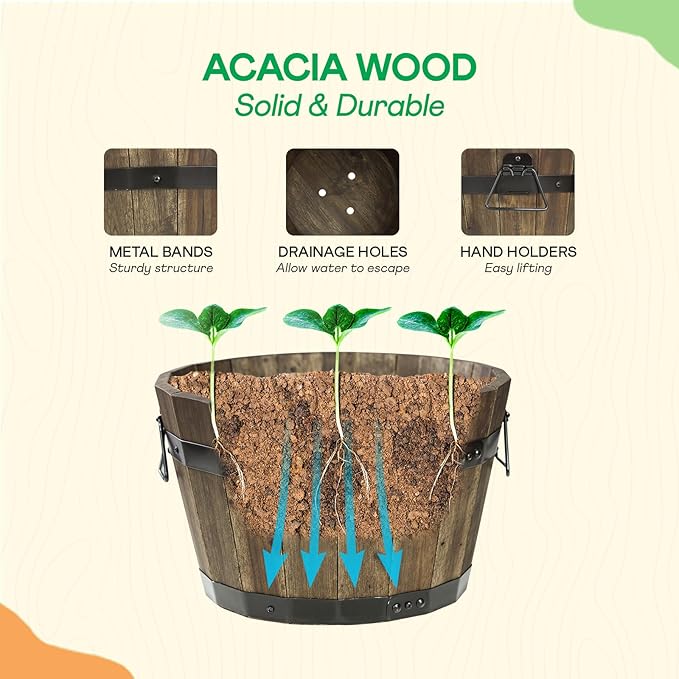 IDZO Set of 3 Wooden Flower Planters for Outdoor Plants, Acacia Wood Barrel Planters, Ergonomic Handles, Drainage Holes, Various Sizes, Walnut