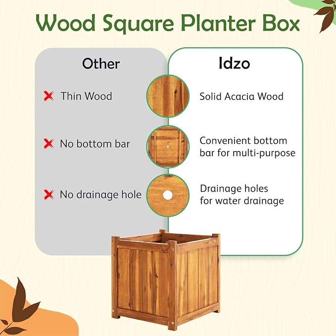 Idzo Set of 2 Hardwood Outdoor Flower Box, Durable Acacia Wood Flower Boxes for Outdoor Plants with Ergonomic Handles, Drainage Holes, Multiple Sizes Wood Bucket Planter for Home Décor