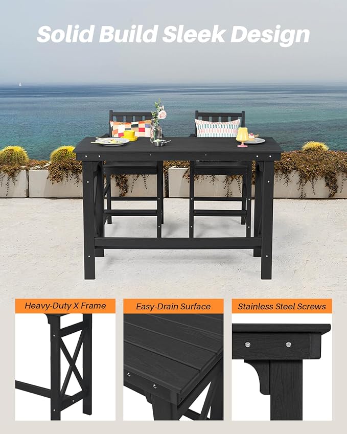 3 Pieces HDPE Outdoor Bar Table and Chairs Set, Tall Adirondack Chairs Set of 2 with Rectangular Bar Table, Patio Bar Stools Set, HDPE Outdoor Patio Bar Set for Balcony, Porch, Deck, Obsidian