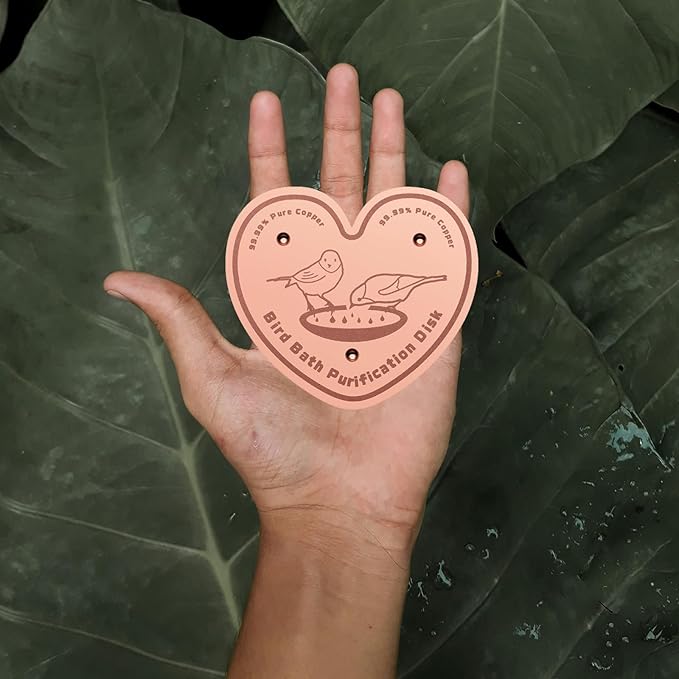 2-Pack 99.99% Pure Copper Bird Bath Purification Disk,Copper Disc with Stable Triple-Point Support,Fits All Outdoor Bird Baths(Heart-Shaped)