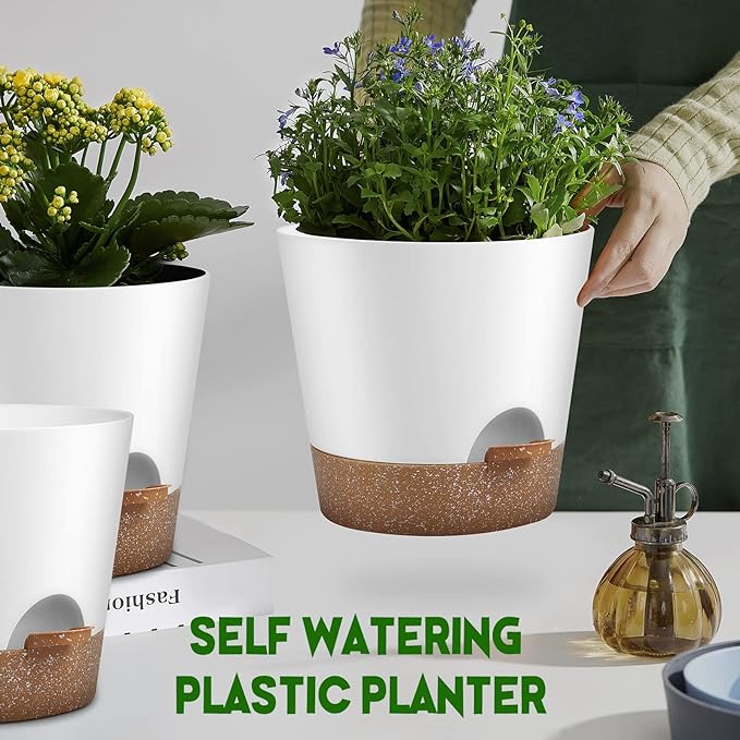 Indoor Outdoor Plant Pots- Self Watering Planters with Drainage Holes and Saucers, 9,8, 7.5 Inches, 3 Pots (Snow)