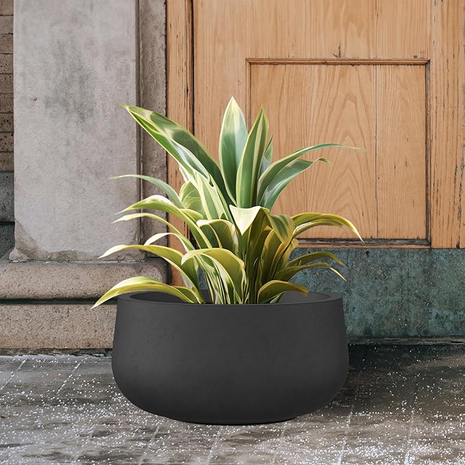 Kante 11.8" Dia Round Concrete Planter, Cement Plant Pots with Drainage Hole and Rubber Plug for Outdoor Indoor Garden Home, Modern Curvaceous Design, Black