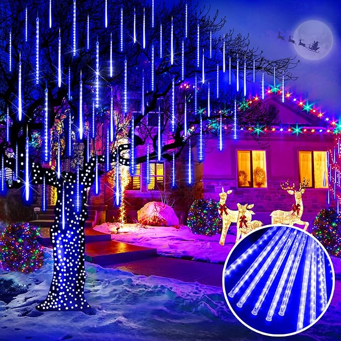 KNONEW Meteor Shower Lights 15 Inch 24 Tubes 672 LED Christmas String Plug-in Outdoor Waterproof Falling Rain for Wedding Party Garden Holiday Tree Decorations (Blue)
