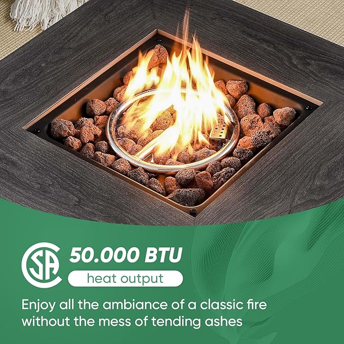 Outdoor Patio Furniture Set with 50000BTU Propane Fire Pit Table, 4 Pieces Wicker Patio Conversation Set with 2 Swivel Rocker Glider Chairs Rattan Sofa Grey Cushion Perfect for Gathering