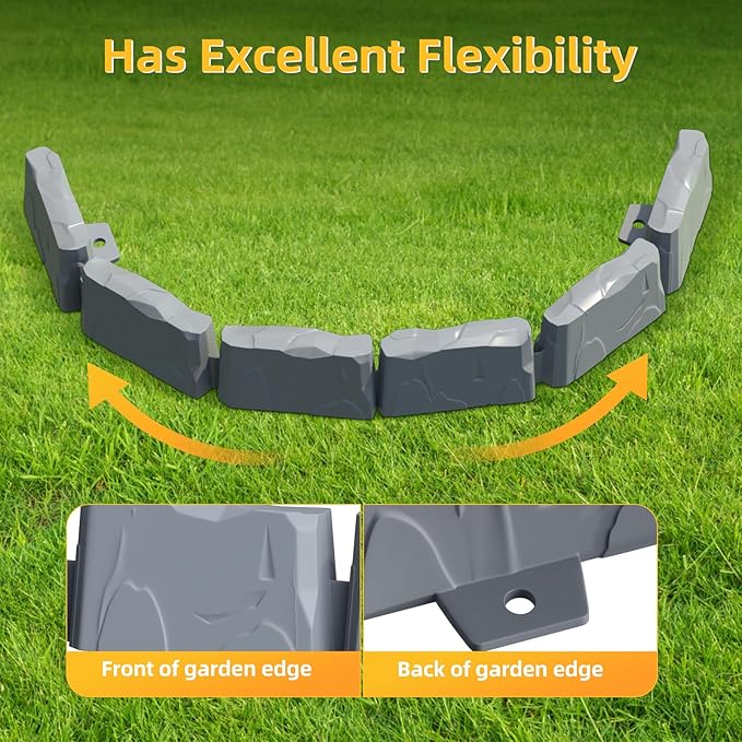 16Pcs Landscape Edging(24 Foot) with 48 Pieces 8-inch Spikes | 3 Inch Tall Faux Stone Edging for Landscaping | Faux Stone Edging Bricks for Flower Bed,Lawn,Yard,Weed Barrier(Dark Grey)