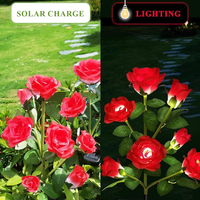 1 Pack Solar Garden Lights Outdoor, 7-Flower Rose Solar Lights for Yard, LED Solar Powered Stake Lights for Patio Pathway Lawn Fence Cemetery, Red