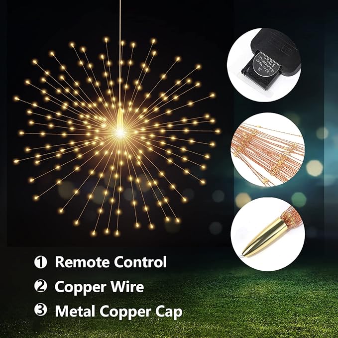2 Pack Hanging Decor Lights,200 LED Battery Powered Fairy Light, Fireworks Light with Remote, Waterproof Starburst Lights for Gardens Courtyards Christmas Festive Wedding Parties (Warm White)