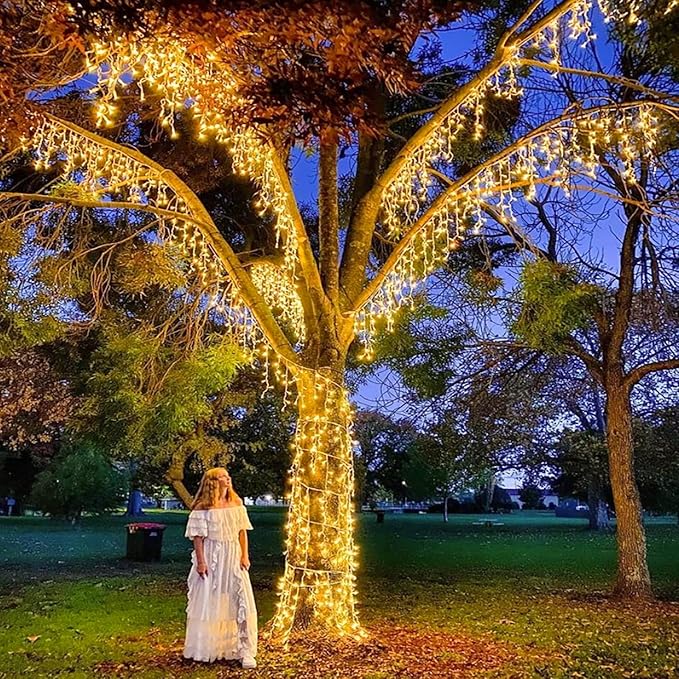 132ft Icicle Lights for Outside - 1280 LED Warm White Christmas Lights with 240 Twinkle Drops, 8 Modes Plug in Waterproof Timer Memory for Tree Wedding Party Window Patio Eave Yard Holiday Decoration