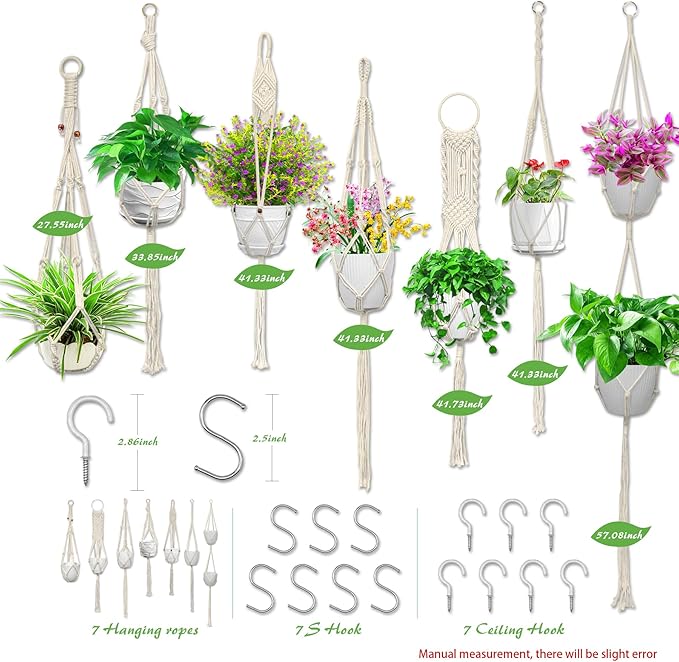 IGaiety Macrame Plant Hanger,7 Pack Plant Hanger Indoor Hanging Planters with 7Pcs Ceiling and S Hooks-Handmade Macromay Plant Hangers Outdoor Macrame Plant Holder for Boho Home Decor
