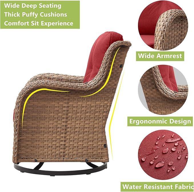 Outdoor Patio Swivel Rocker Chairs - Wicker Rattan Patio Swivel Rocking Chairs Set of 2 with High Back,Deep Seating and Comfort Cushions for Deck Porch Garden,Yellow/Red
