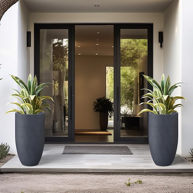 Kante 24 Inch Tall Round Concrete Planter, Large Indoor Outdoor Plant Pots with Drainage Hole and Rubber Plug, Modern Decorative Garden Pots for Home Patio Porch, Charcoal