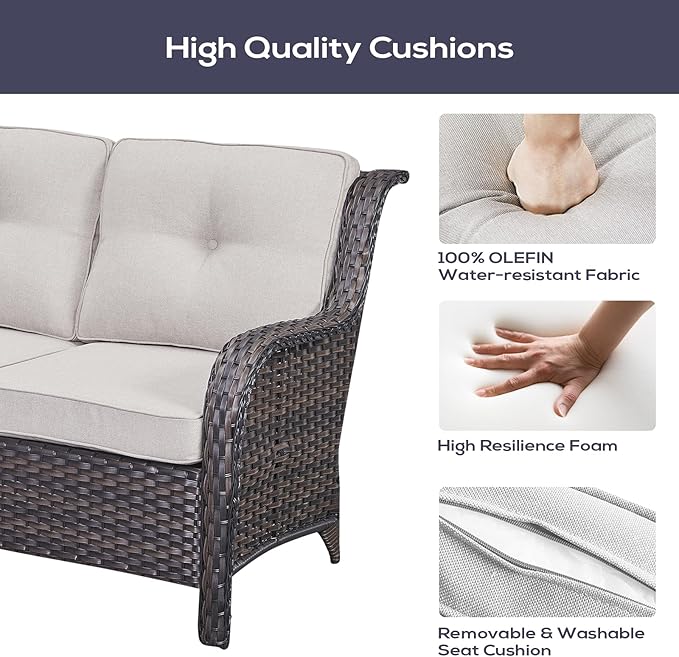 Outdoor Sectional Sofa Furniture Set with Propane Fire Pit Table, Wicker Patio Conversation Set with 2 Swivel Glider Rocker Chairs Beige Cushion Perfect for Backyard Casual Gathering