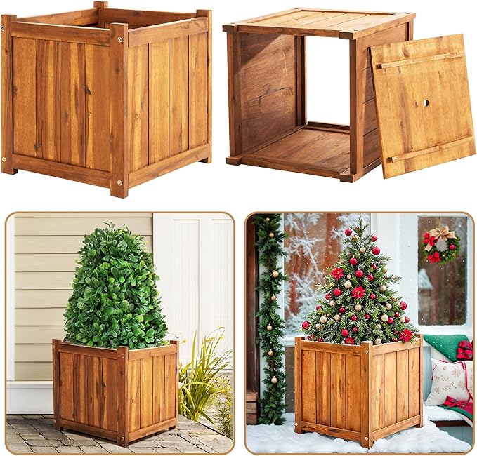Idzo Set of 2 Hardwood Outdoor Flower Box, Durable Acacia Wood Flower Boxes for Outdoor Plants with Ergonomic Handles, Drainage Holes, Multiple Sizes Wood Bucket Planter for Home Décor
