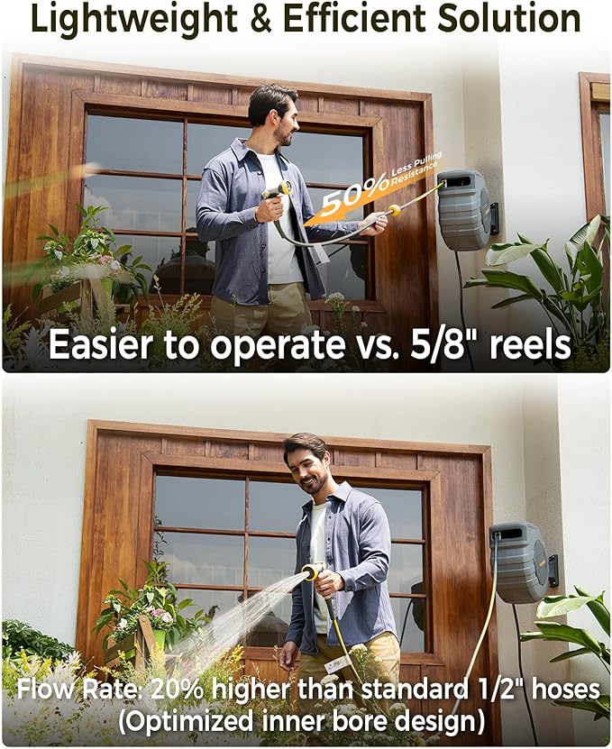 Retractable Garden Hose Reel 1/2 in x 130 ft, 2025 Upgraded Dual Ratchet Lock UV & Freeze Protection Brass Seal Slow Retraction Anti-Tangle Hose 180°Swivel Reinforced Scaffold Wall Mount