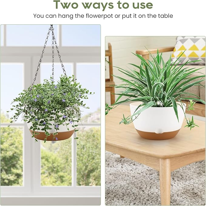 10 Inch Hanging Planter, 2 Pack Hanging Plant Self Watering Pot with Drainage Holes & Saucers, Hanging Baskets Flower Pots with Black Macrame Rope Hangers for Garden Home -White
