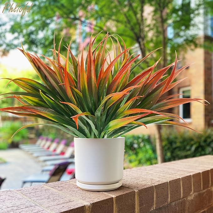 16Pcs Artificial Grass Fake Plants 17.3in Outdoor Plastic Plants UV Resistant Greenery Fake Grass for Home Window Garden Patio Hanging Planter Pathway Front Porch Décor Red