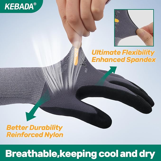 Kebada W2 Work Gloves for Men and Women, Nitrile Coated Working Gloves for Gardening, Construction, Warehouse, Safety Gloves for Work in Yard and Outdoors, 6 Pairs, XS