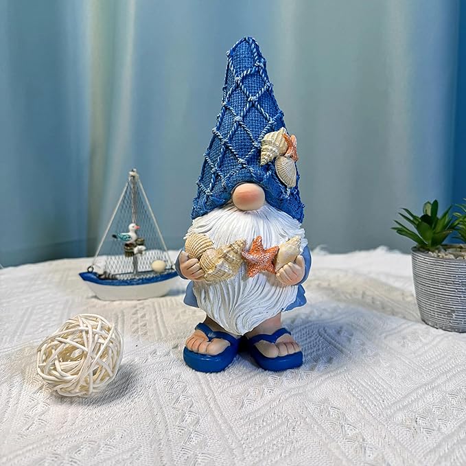 Outdoor Garden Sea Gnome Statue Decoration Indoor Outdoor Resin Beach Gnome Sculpture for Home Office Desktop Bathroom, Summer Pool Decoration Outdoor Gifts (Holding a Shell)