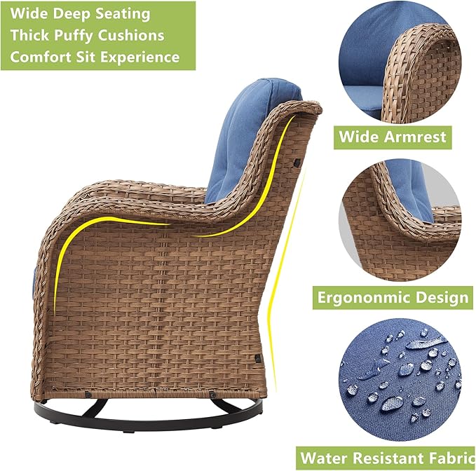 Outdoor Patio Swivel Rocker Chairs - Wicker Rattan Patio Swivel Rocking Chairs Set of 2 with High Back,Deep Seating and Comfort Cushions for Deck Porch Garden,Yellow/Blue