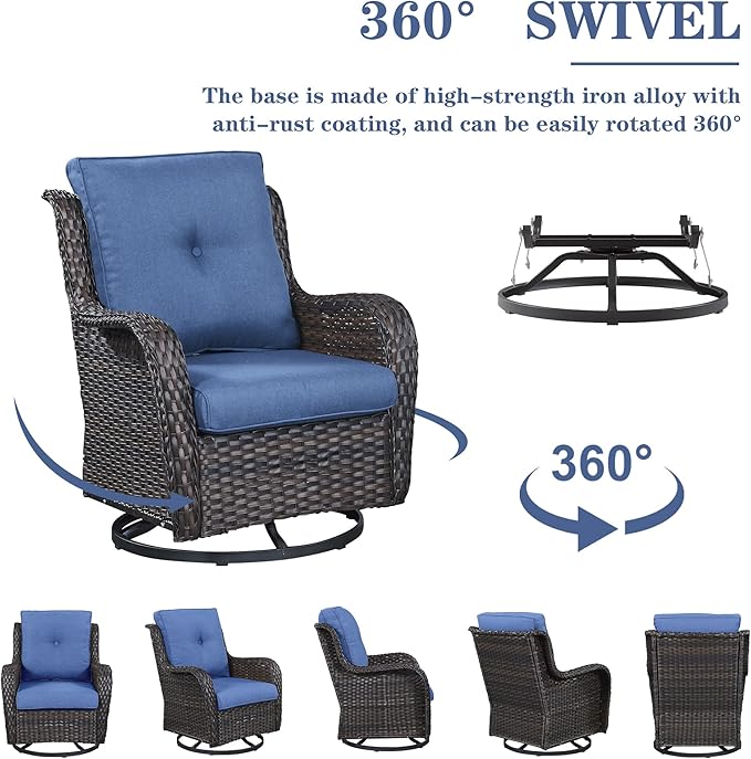 Outdoor Sectional Furniture Sofa Set with Propane Fire Pit Table, Wicker Patio Conversation Set with 2 Swivel Rocker Glider Chairs Blue Cushion Perfect for Backyard Casual Gathering