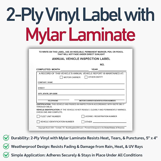 25 Pack Buck Annual Vehicle Inspection Label, 2-Ply Adhesive Vinyl with Mylar Laminate, FMCSA & DOT Compliant, Weatherproof, Tear Resistant, Easy to Write On, 5" x 4" - Made in USA