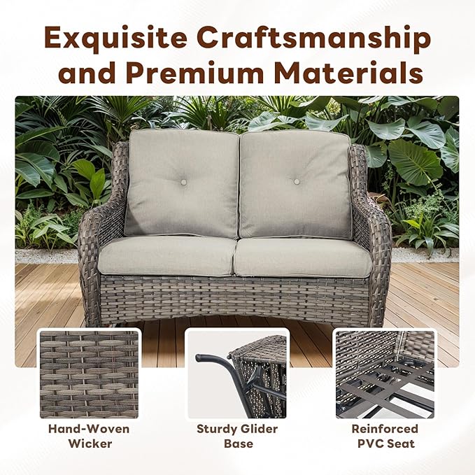 Outdoor Patio Furniture Set - 7 Piece Gray Wicker Conversation Patio Furniture Set All Weather Swivel Chairs with Ottoman and Loveseat Glider Chair for Deck Balcony Backyard