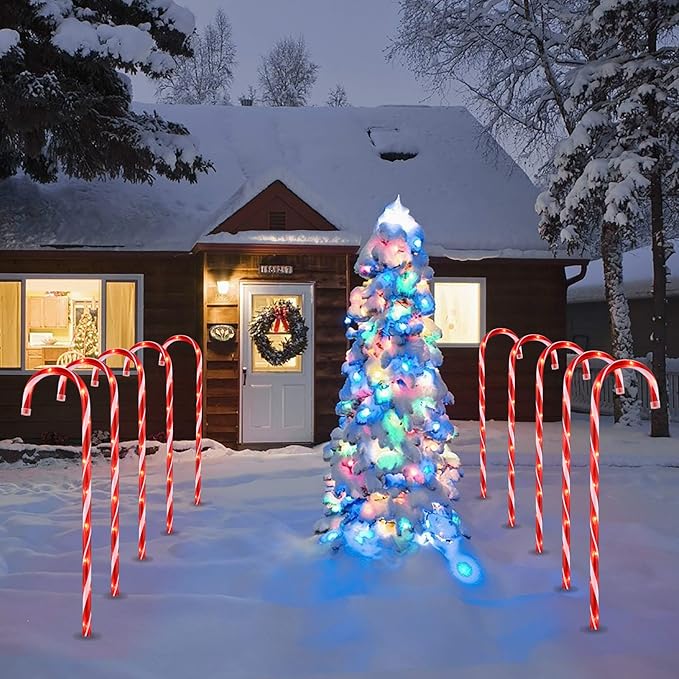 26" Christmas Candy Cane Pathway Markers Lights, Set of 10 Pack Christmas Outdoor Decorations Candy Cane Lights for Yard Patio Garden Walkway Indoor Décor Landscape Path Festival Holiday, Red