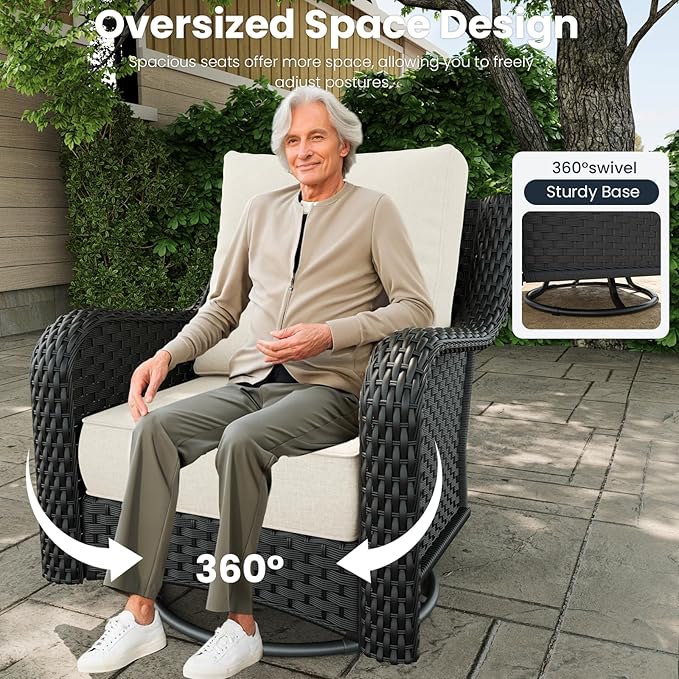 3 Pieces Outdoor Patio Furniture Sets with Single Chairs with 6-inch Thick Cushion and Side Table for Deck Lawn