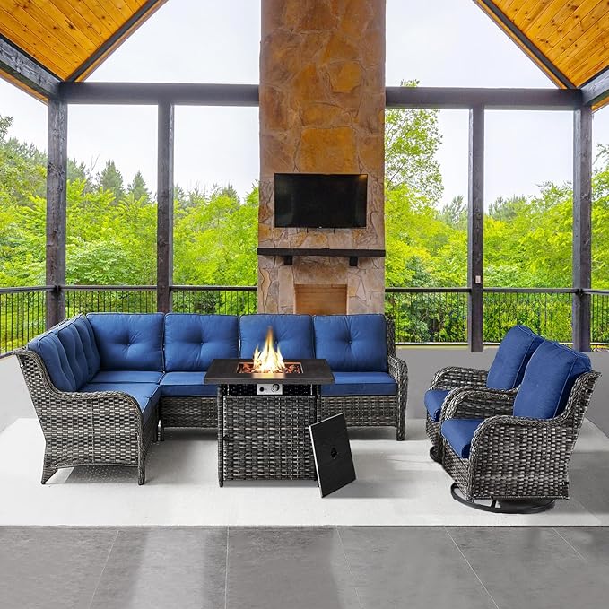 Outdoor Sectional Furniture Sofa Set with Propane Fire Pit Table, Wicker Patio Conversation Set with 2 Swivel Rocker Glider Chairs Blue Cushion Perfect for Backyard Casual Gathering