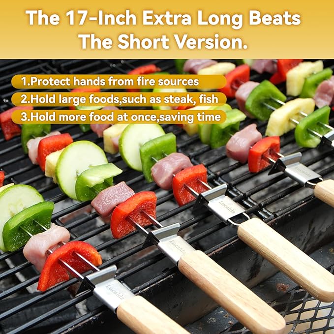 Skewers for Grilling, 17" (6 Pcs) Wooden Handle Double Pronged Stainless Steel Flat Kabob Skewers with Push Bar, Reusable Long Metal Skewer Sticks for Meat Chicken Vegetable, BBQ Accessories