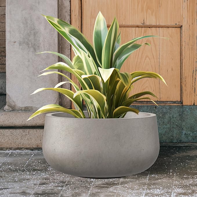 Kante 19.6" Dia Round Concrete Planter, Cement Plant Pots with Drainage Hole and Rubber Plug for Outdoor Indoor Garden Home, Modern Curvaceous Design, Weathered Concrete