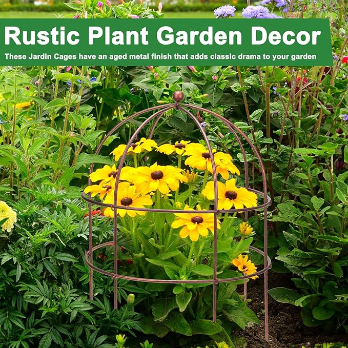 1 Pcs Jardin Bird Cage Plant Support 24" H Large Sturdy Grow-Through Flower Support Peony Cage Climbing Plant Support Trellis Sculptural Garden Decor for Perennial Flowers Vintage Gold