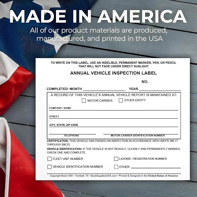 25 Pack Buck Annual Vehicle Inspection Label, 2-Ply Adhesive Vinyl with Mylar Laminate, FMCSA & DOT Compliant, Weatherproof, Tear Resistant, Easy to Write On, 5" x 4" - Made in USA