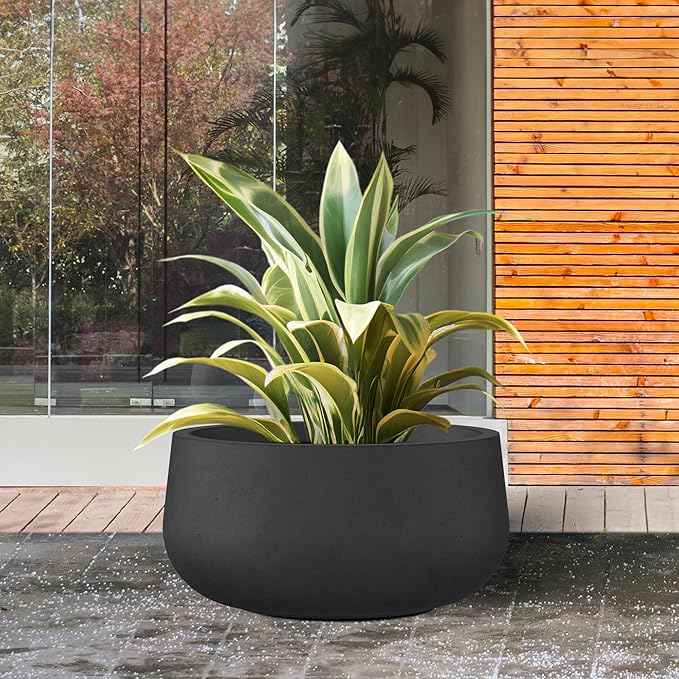 Kante 11.8" Dia Round Concrete Planter, Cement Plant Pots with Drainage Hole and Rubber Plug for Outdoor Indoor Garden Home, Modern Curvaceous Design, Black
