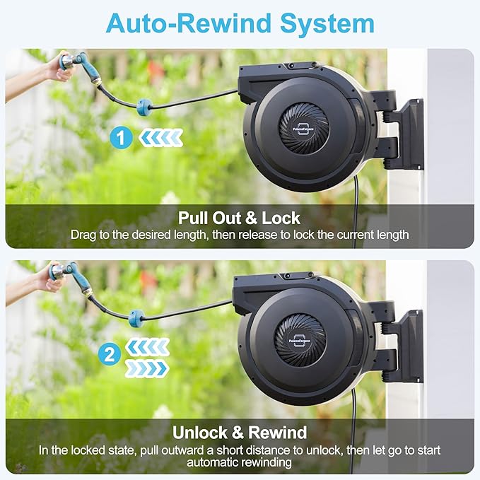 Retractable Garden Hose Reel - 5/8 inch x 90 ft Wall Mounted Hose Reel with 10 Pattern Nozzle & Any Length Lock, Heavy Duty Water Hose Supports Automatic Rewind & 180° Swivel, Black