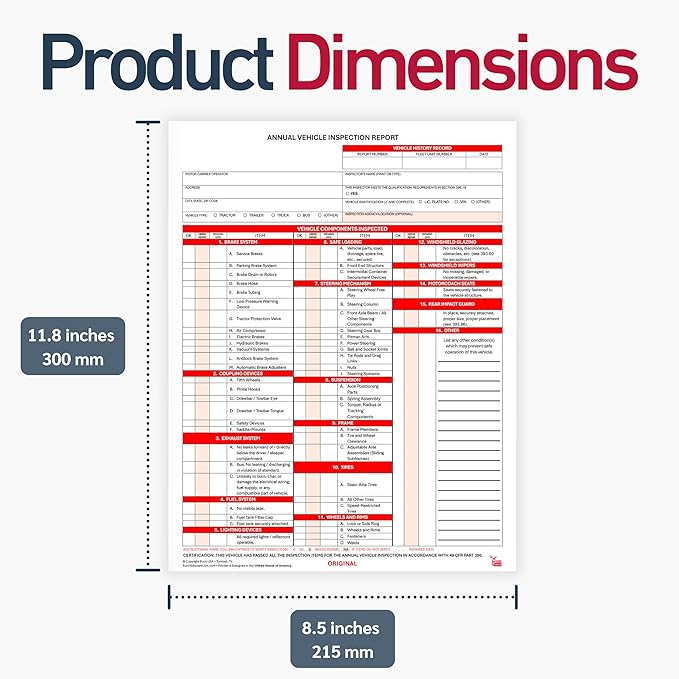 25 Pack 3-Ply Carbonless Annual Vehicle Inspection Report Forms with FMCSA Red Aluminum Labels & White Mylar Laminate Vinyl Labels, DOT Inspection Forms and Stickers, Shrink-Wrapped, 8.5" x 11.75"
