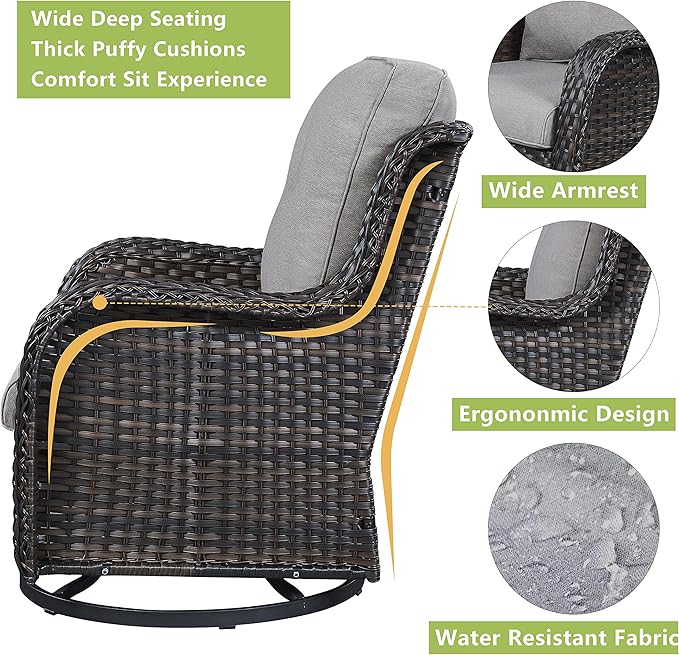 Outdoor Patio Swivel Rocker Chairs - Wicker Rattan Patio Swivel Rocking Chairs Set of 2 with High Back,Deep Seating and Comfort Cushions for Deck Porch Garden,rown/Grey