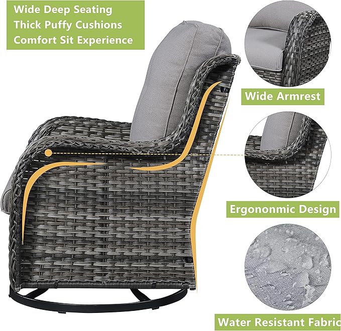 Outdoor Patio Swivel Rocker Chairs - Single Wicker Rattan Patio Swivel Rocking Chair with High Back,Deep Seating and Comfort Cushions for Deck Porch Garden,Mixed Grey/Grey