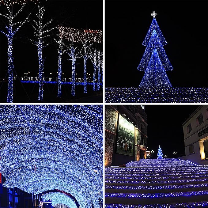 164ft 500 LED Blue White Christmas Lights Outdoor,8 Modes String Light Indoor Bedroom,Clear Wire Twinkle Lights Plug in for Christmas Outside Tree Yard Wedding Decorations(164FT,Blue&White)