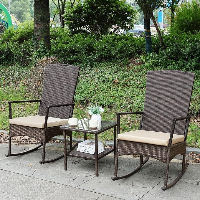 Outdoor Rocking Chair 3 Pieces High-Backed Rocking Chair Outdoor Patio Rocking Chairs Outdoor Table, Khaki