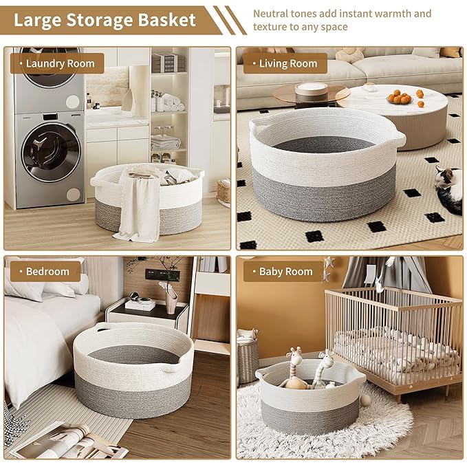 125L Extra Large Blanket Basket, 25" x 16", Jumbo Laundry Woven Baskets Decorative Home, Cotton Rope Basket with Handles, Baby Toy Baskets for Storage, White & Gray
