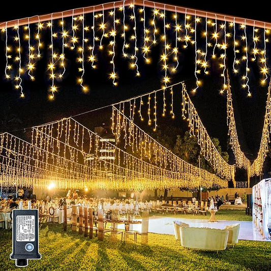 132ft Icicle Lights for Outside - 1280 LED Warm White Christmas Lights with 240 Twinkle Drops, 8 Modes Plug in Waterproof Timer Memory for Tree Wedding Party Window Patio Eave Yard Holiday Decoration