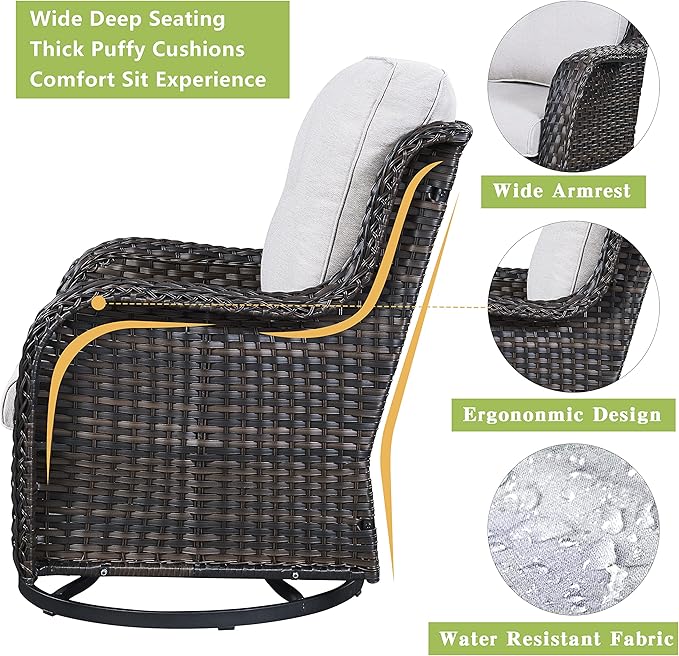 Outdoor Patio Swivel Rocker Chairs - Wicker Rattan Patio Swivel Rocking Chairs Set of 2 with High Back,Deep Seating and Comfort Cushions for Deck Porch Garden,Brown/Beige