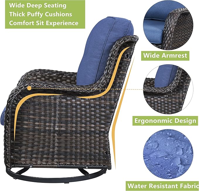 Outdoor Patio Swivel Rocker Chairs - Single Wicker Rattan Patio Swivel Rocking Chair with High Back,Deep Seating and Comfort Cushions for Deck Porch Garden,Brown/Blue